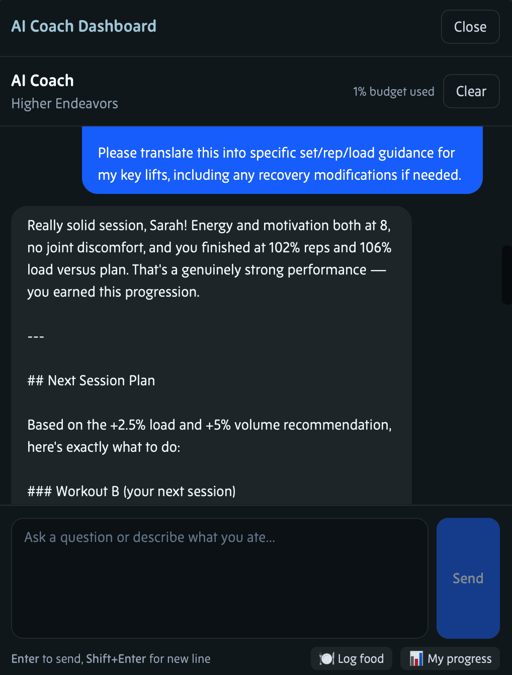 An AI Coach conversation answering a question using the member's own Platform data.