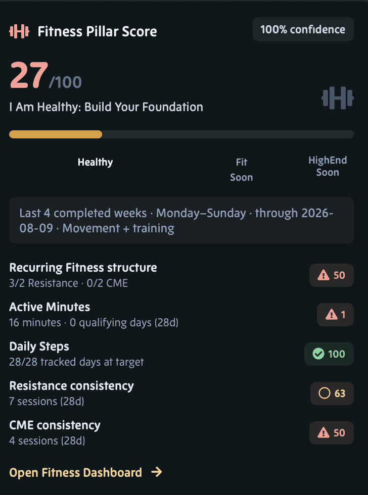The Fitness pillar score, its Continuum phase, a confidence figure, and the component measures the score was built from.