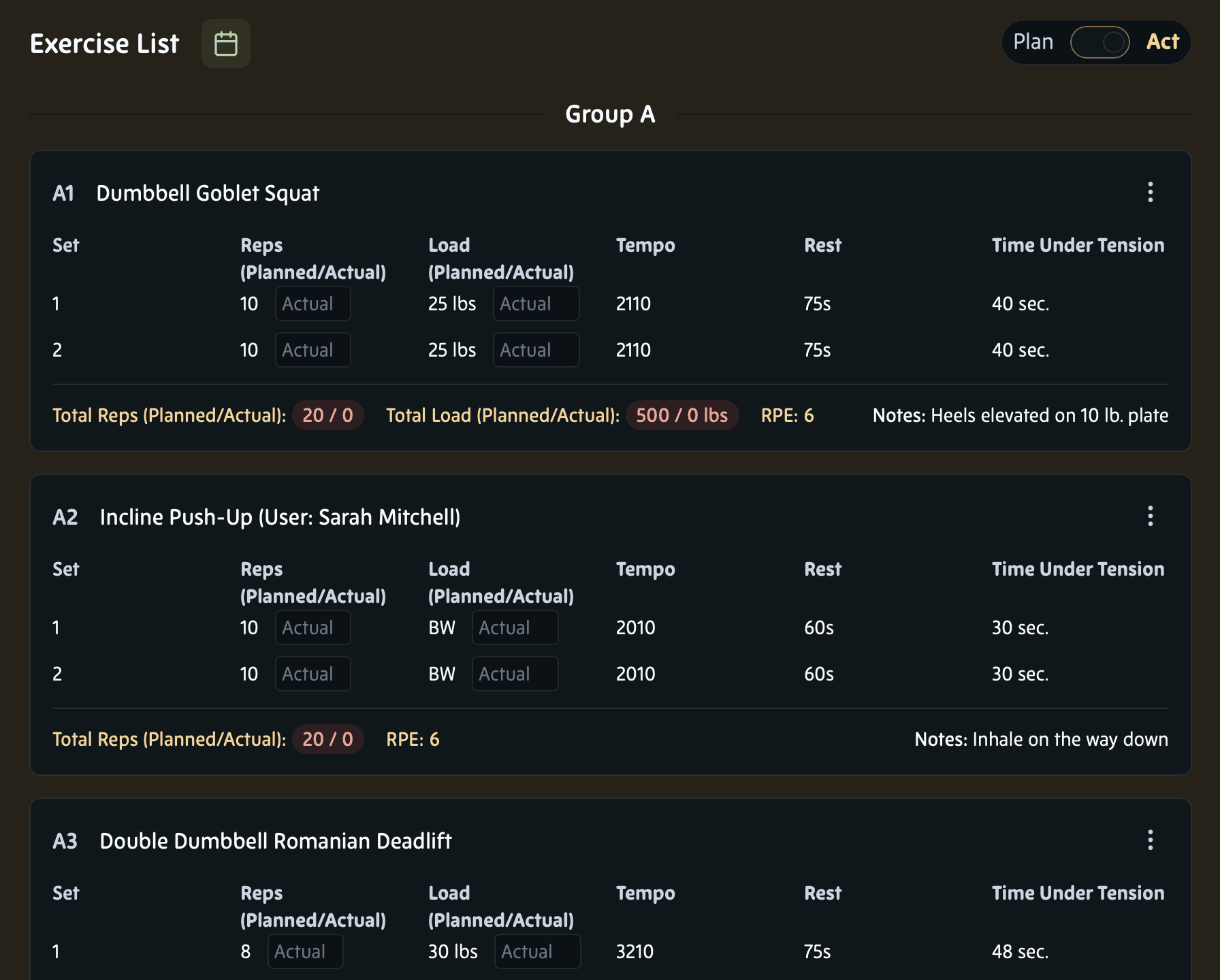 A completed session summary showing actual duration, exercises, sets, repetitions, and load.