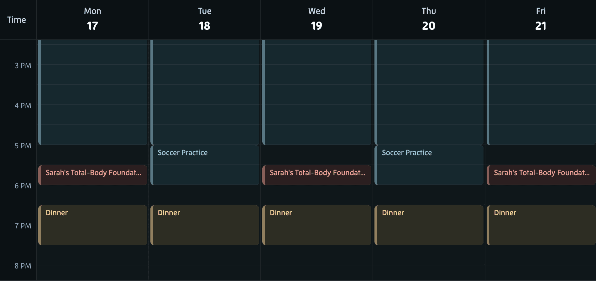 A week in the calendar with three training sessions placed among existing commitments.